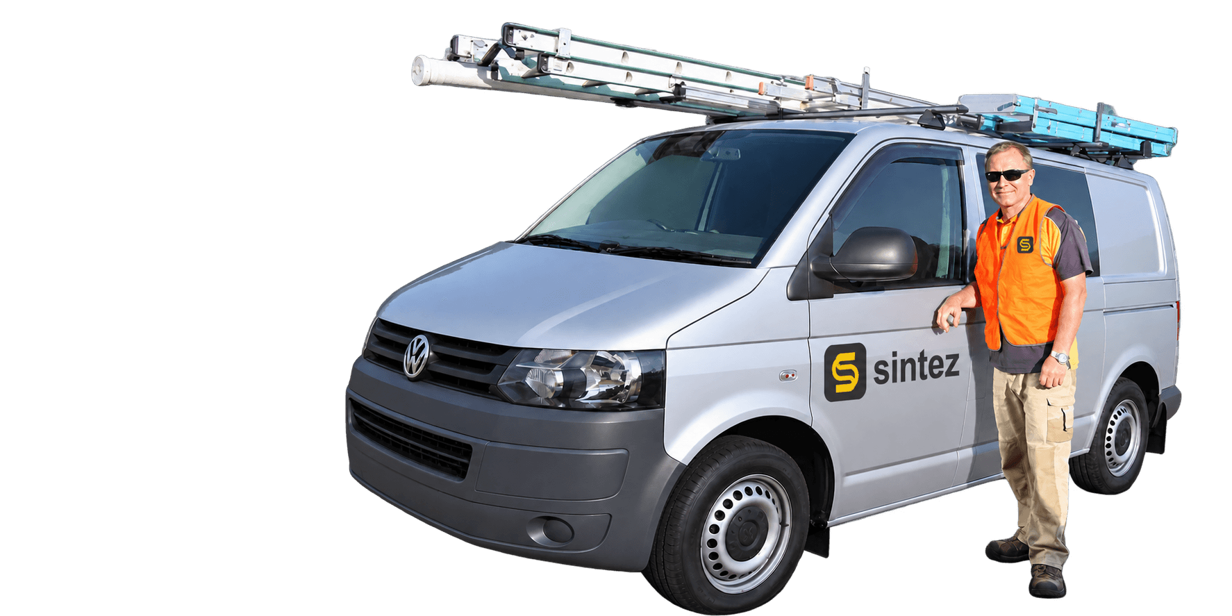 Sintez technician standing beside the telecom work van
